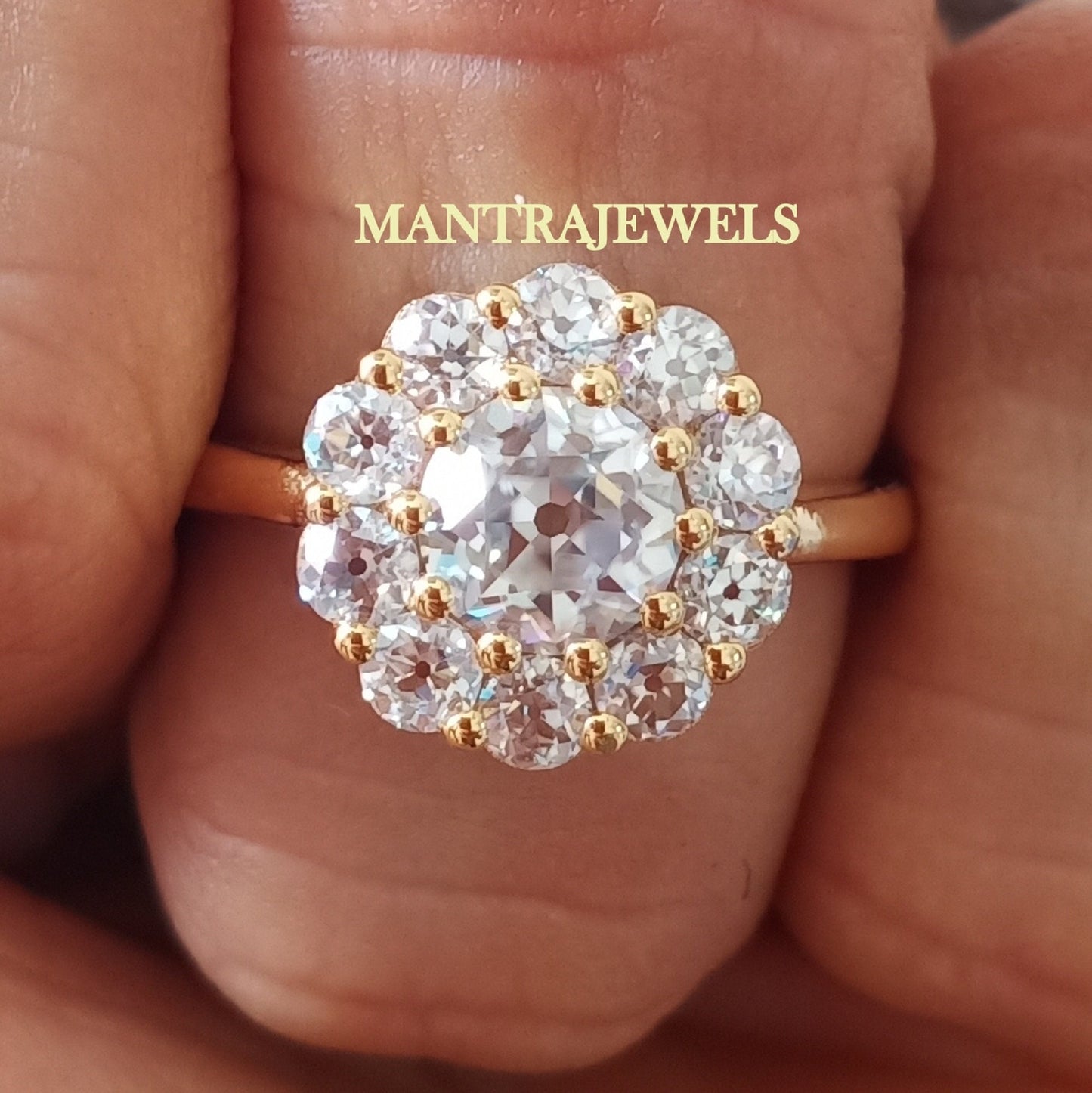 2.35 TW European Cut Cluster Ring - Round Old Moissanite Ring - 14k Solid Gold Wedding Ring - Halo Engagement Ring