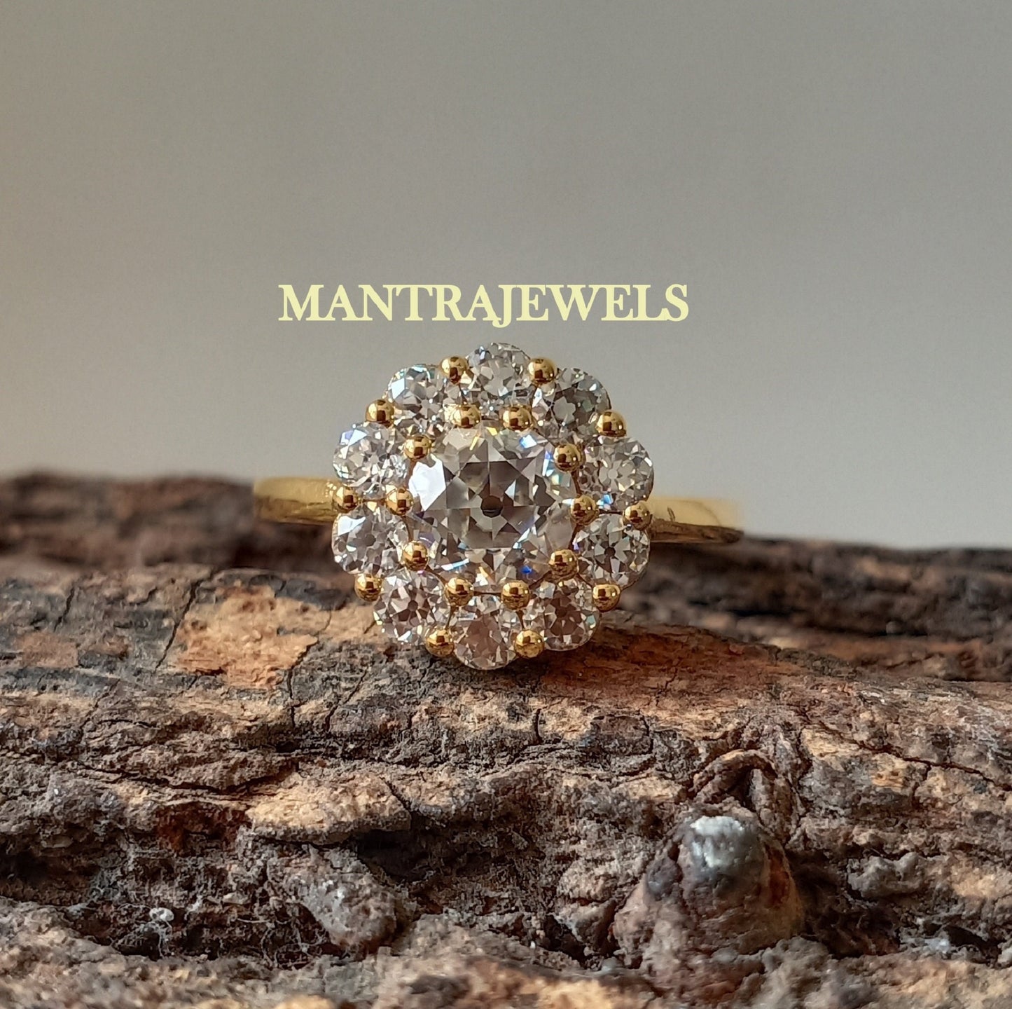 2.35 TW European Cut Cluster Ring - Round Old Moissanite Ring - 14k Solid Gold Wedding Ring - Halo Engagement Ring