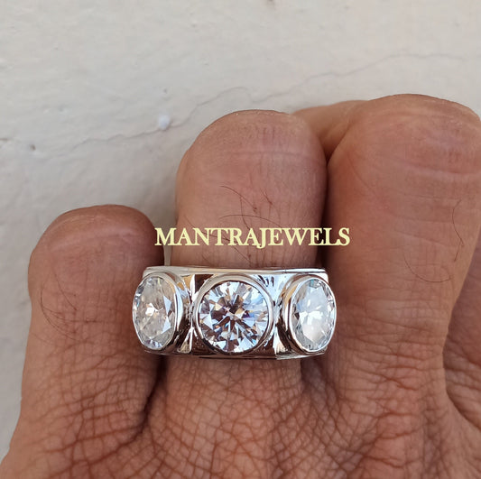 Three Stone Diamond Moissanite Ring for Men - Round & Oval Cut Ring for Wedding - Minimalist Handmade Jewellery for Him