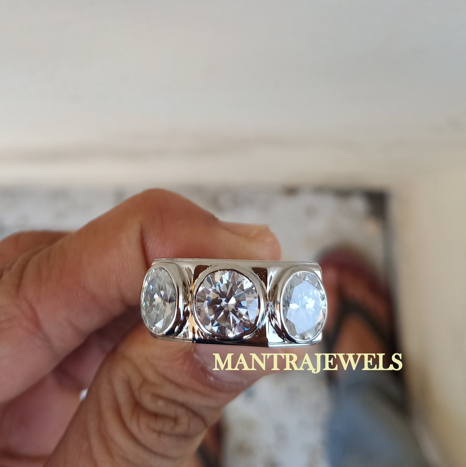 Three Stone Diamond Moissanite Ring for Men - Round & Oval Cut Ring for Wedding - Minimalist Handmade Jewellery for Him