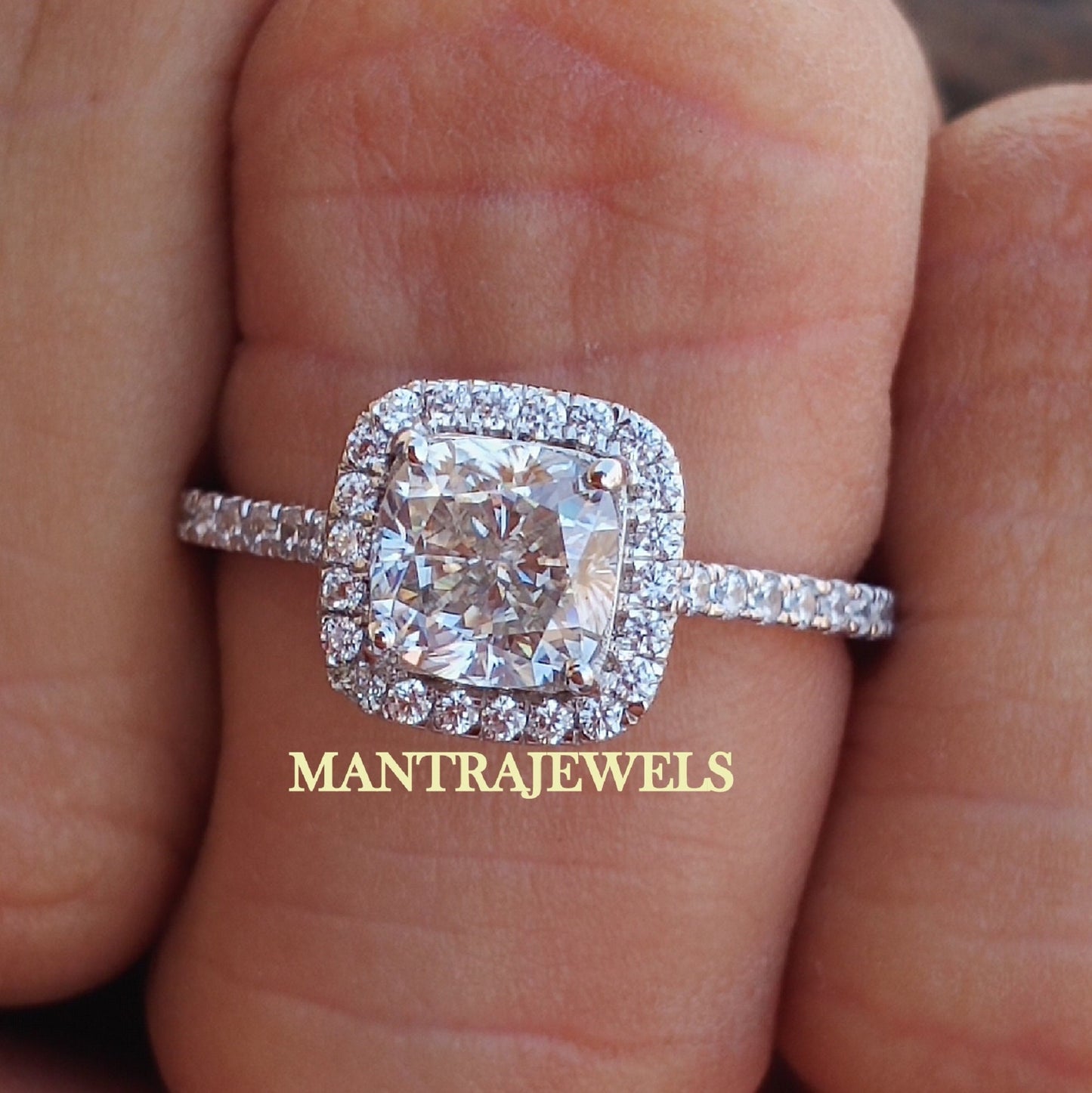 1.40CT Cushion Cut Moissanite Engagement Ring - Halo Set Wedding Ring - Unique Cut Designer Ring - Women Engagement Ring