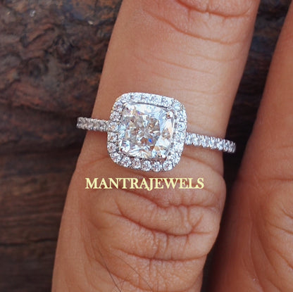 1.40CT Cushion Cut Moissanite Engagement Ring - Halo Set Wedding Ring - Unique Cut Designer Ring - Women Engagement Ring