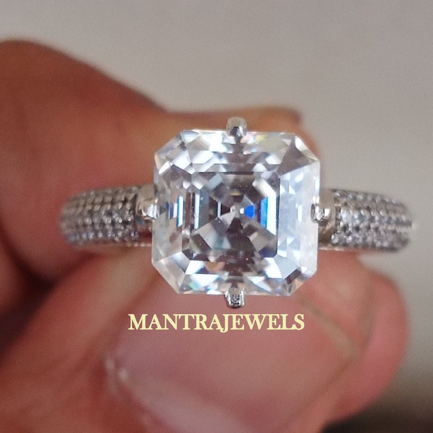 4.05 Carat Moissanite Engagement Ring, 14Kt Solid Gold Solitaire Wedding Ring, Asscher Cut Solitaire Accent Ring, Solid Gold Moissanite Ring