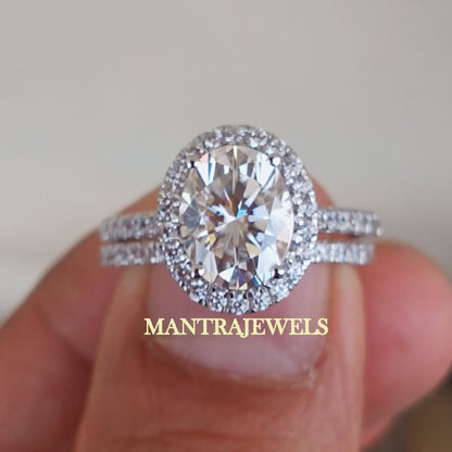 Vintage Bridal Set | 3.47 TW Oval Cut Moissanite Bridal Ring Set | Engagement White Gold Set | Moissanite Wedding Band | Full Eternity Band