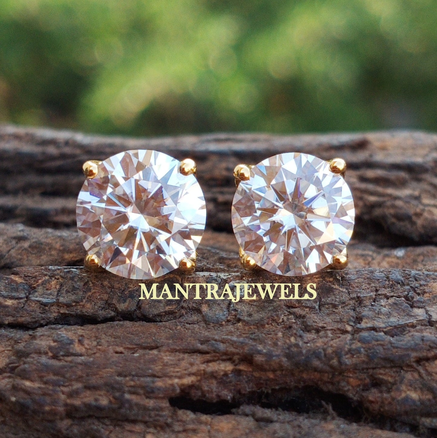 4.40TCW Round Brilliant Cut Colorless Moissanite Earrings, Round Stud Earrings, Wedding Earrings, Yellow Gold Screw Back / Push Back Earring