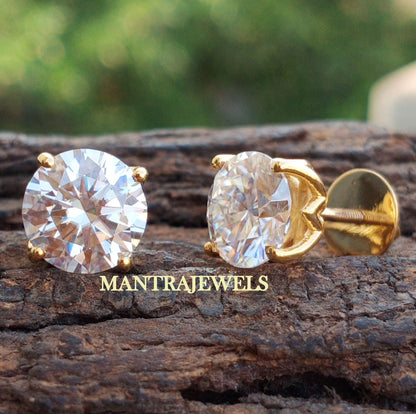 4.40TCW Round Brilliant Cut Colorless Moissanite Earrings, Round Stud Earrings, Wedding Earrings, Yellow Gold Screw Back / Push Back Earring