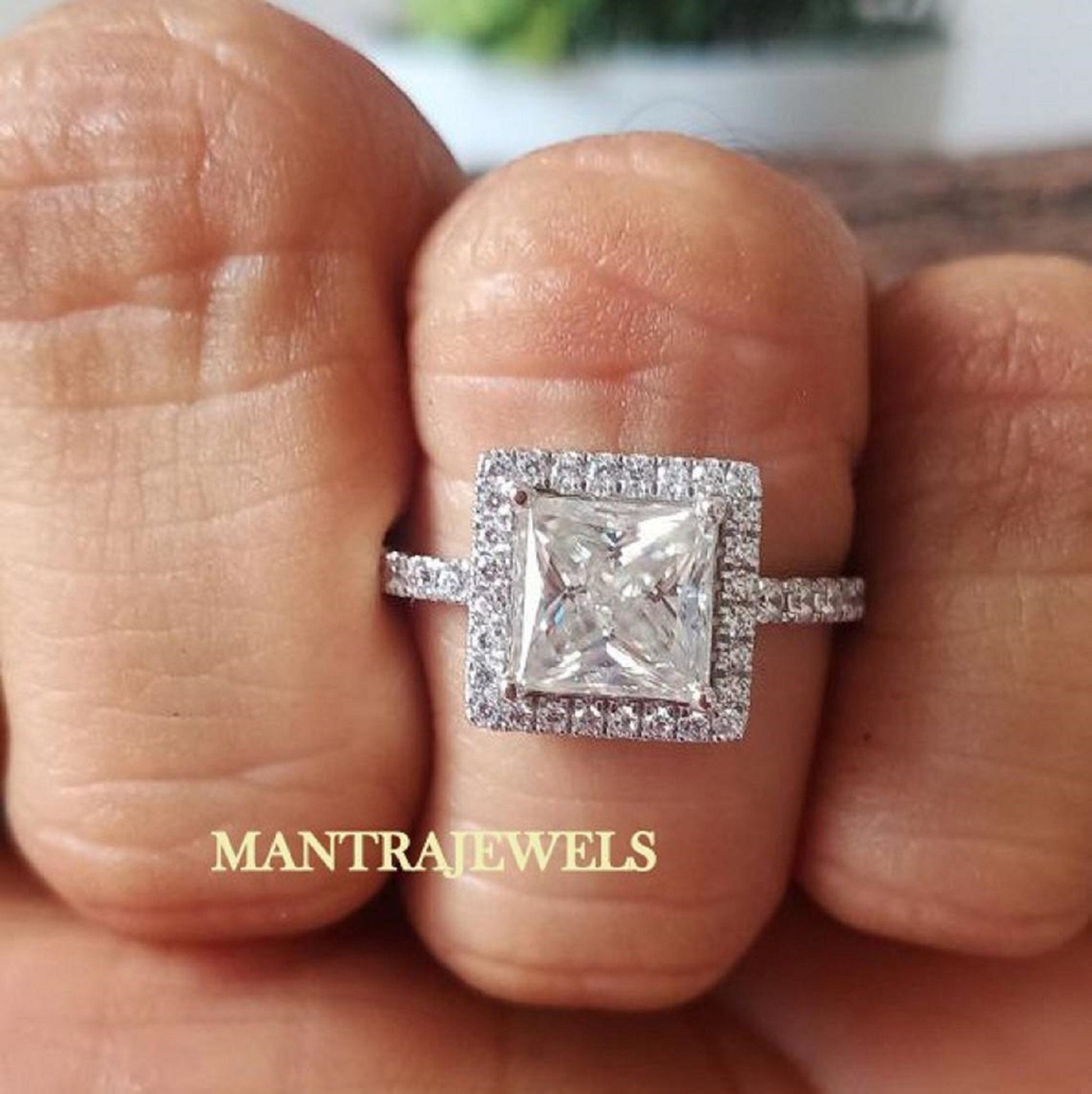 2.50Ct Moissanite engagement Ring / Halo 14k white gold princess cut Ring / Wedding ring for unique Jewelry / Solitaire Accent Halo Ring