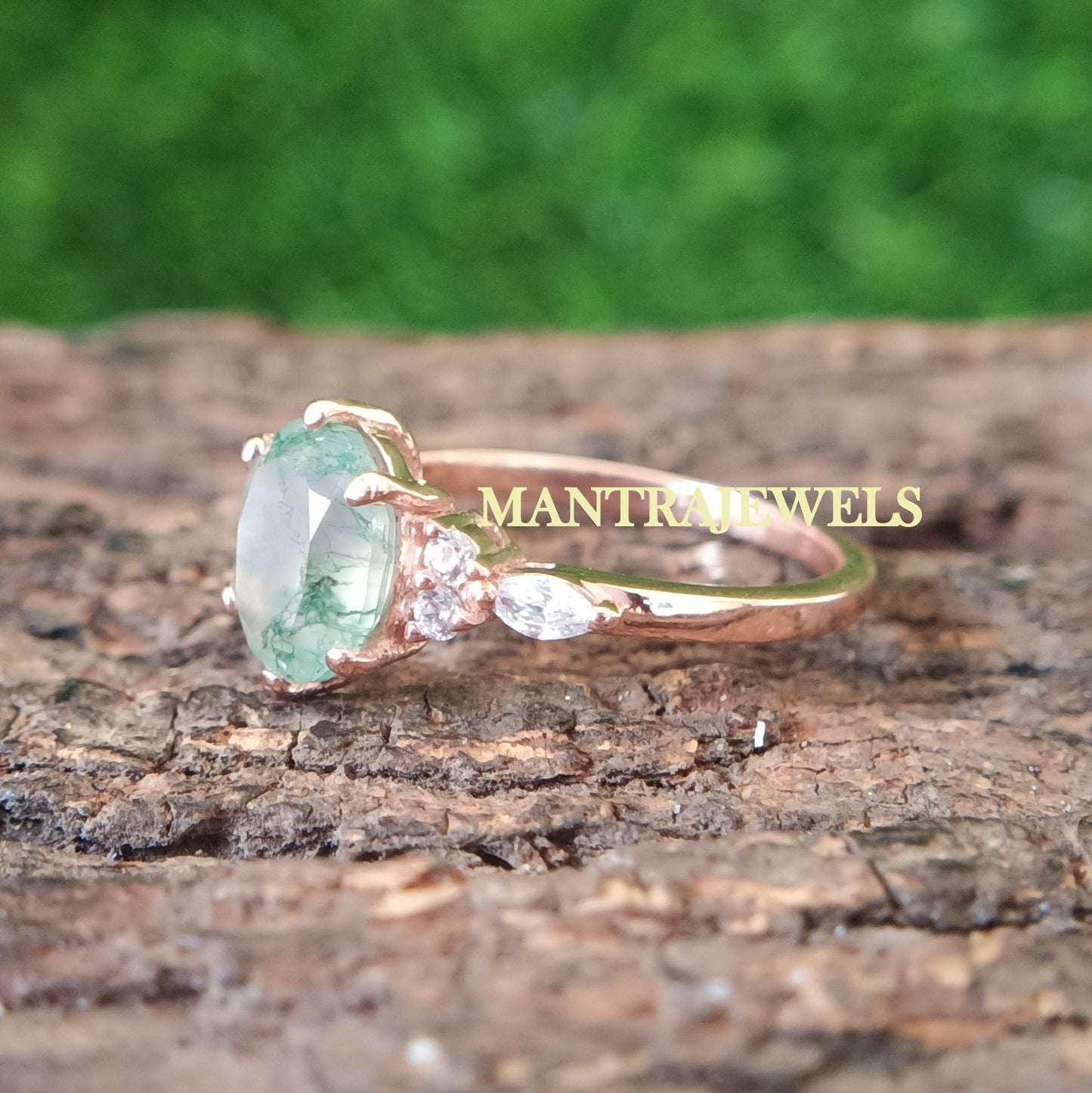 2.30ct Oval Green Moss Agate Engagement Ring Rose Gold Cluster Aquatic Agate Promise Ring Woman Marquise Cut CZ Diamond Wedding Ring