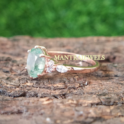 2.30ct Oval Green Moss Agate Engagement Ring Rose Gold Cluster Aquatic Agate Promise Ring Woman Marquise Cut CZ Diamond Wedding Ring