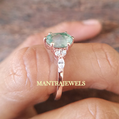 2.30ct Oval Green Moss Agate Engagement Ring Rose Gold Cluster Aquatic Agate Promise Ring Woman Marquise Cut CZ Diamond Wedding Ring