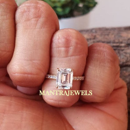 2.80 CT Emerald Cut Colorless Moissanite Ring, Emerald Cut Hidden Halo Diamond Engagement Ring, 14K Solid Yellow Gold Ring