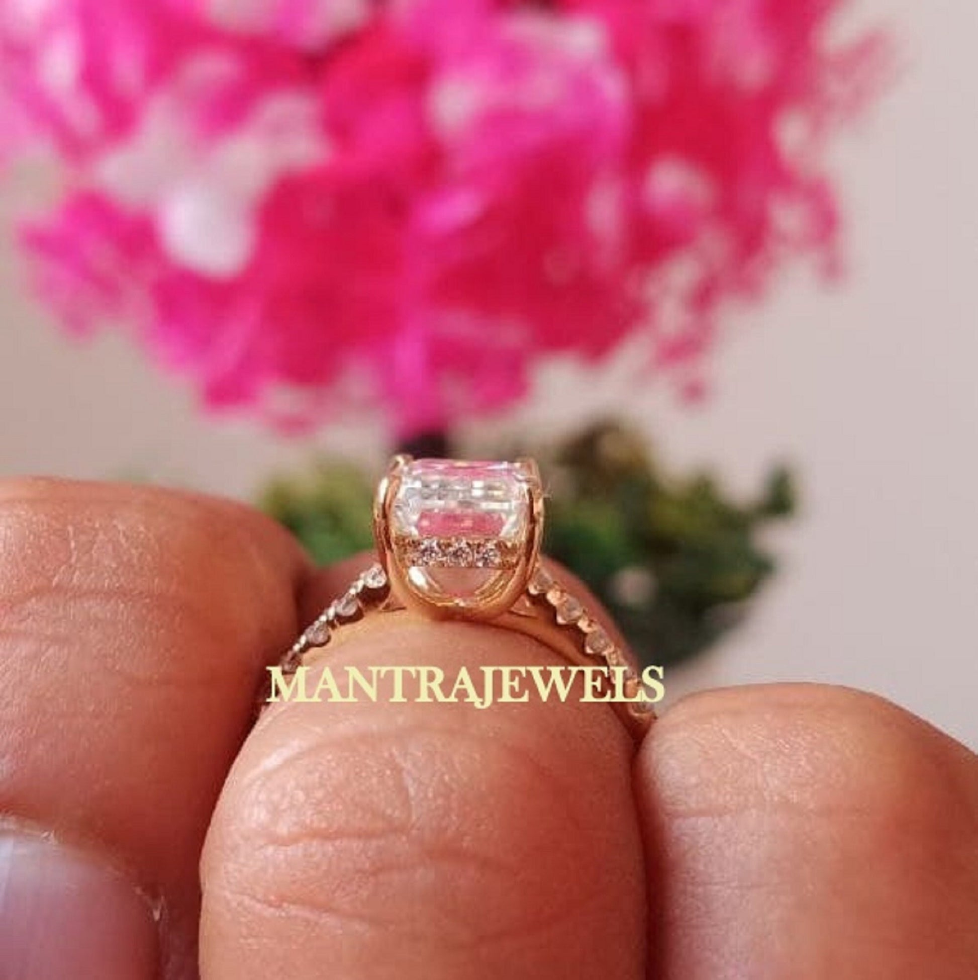 2.80 CT Emerald Cut Colorless Moissanite Ring, Emerald Cut Hidden Halo Diamond Engagement Ring, 14K Solid Yellow Gold Ring