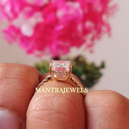 2.80 CT Emerald Cut Colorless Moissanite Ring, Emerald Cut Hidden Halo Diamond Engagement Ring, 14K Solid Yellow Gold Ring