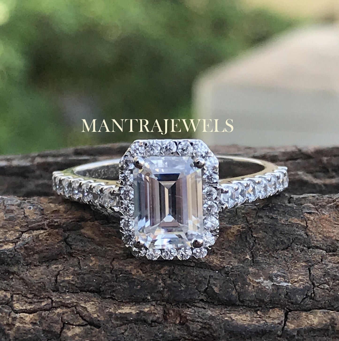 3.25 TCW Emerald Cut Colorless Moissanite Engagement Ring, Round Cut Half Eternity Band,Halo Engagement Ring Set, Wedding Bridal Set for Her