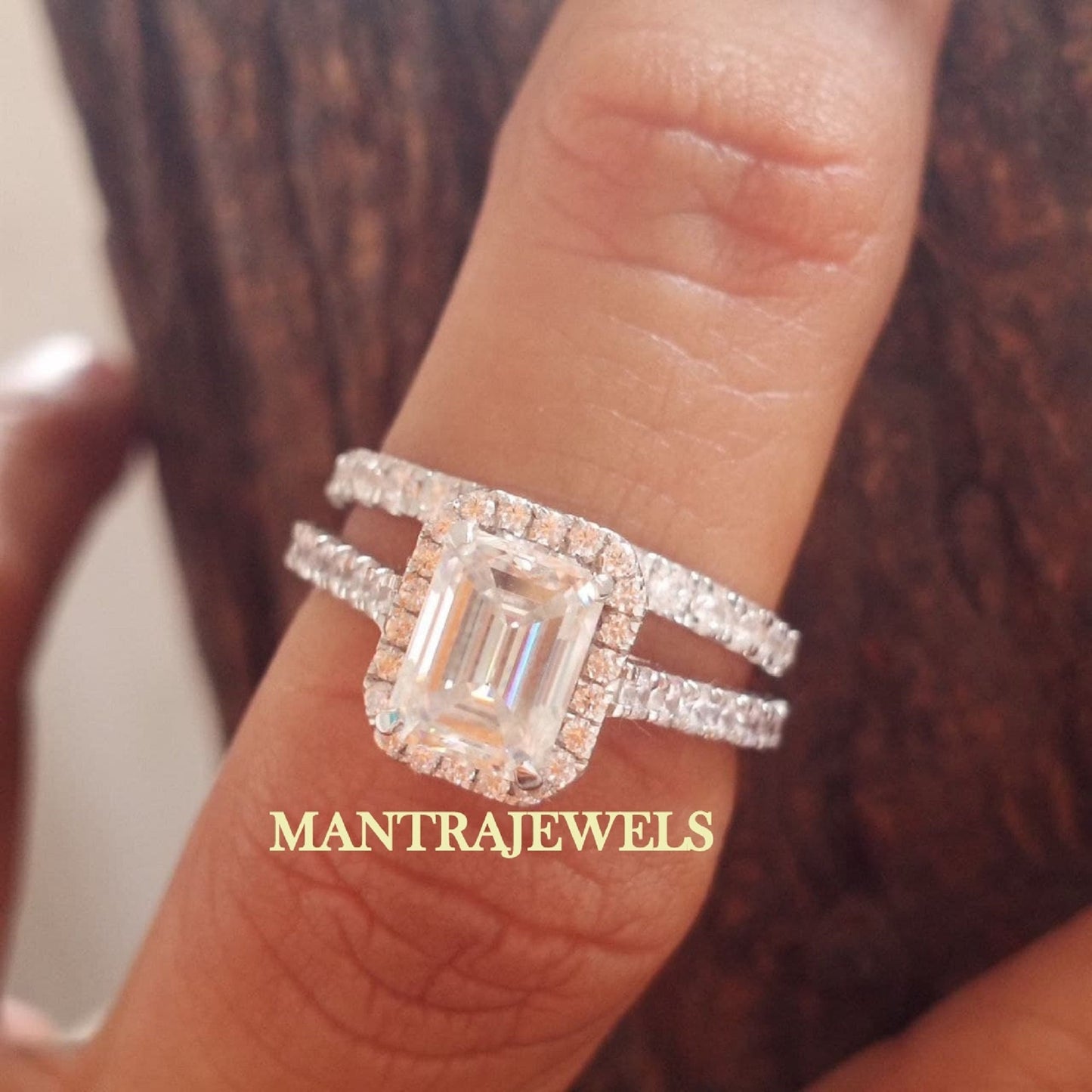 3.25 TCW Emerald Cut Colorless Moissanite Engagement Ring, Round Cut Half Eternity Band,Halo Engagement Ring Set, Wedding Bridal Set for Her