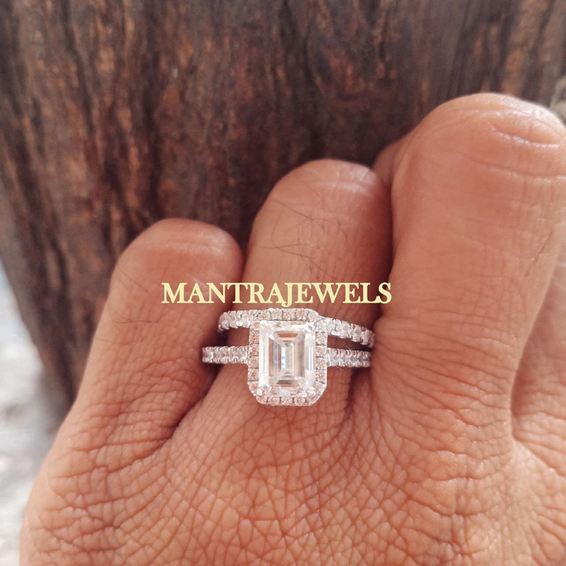 3.25 TCW Emerald Cut Colorless Moissanite Engagement Ring, Round Cut Half Eternity Band,Halo Engagement Ring Set, Wedding Bridal Set for Her