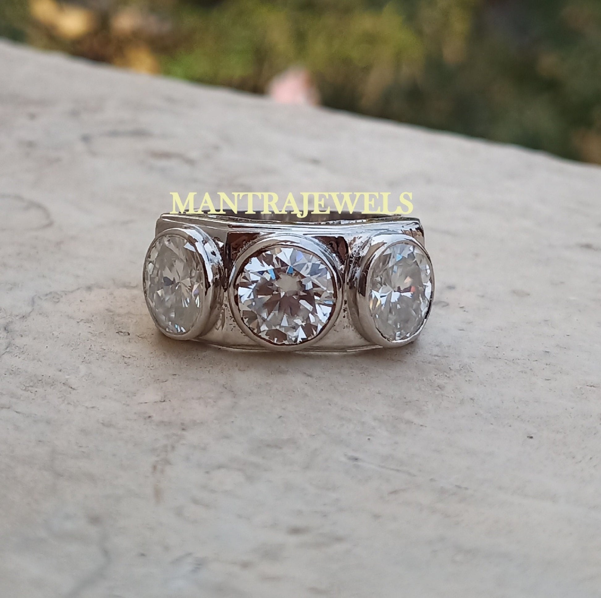 Three Stone Diamond Moissanite Ring for Men - Round & Oval Cut Ring for Wedding - Minimalist Handmade Jewellery for Him