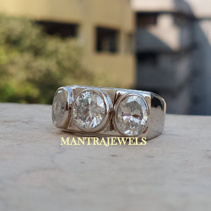 Three Stone Diamond Moissanite Ring for Men - Round & Oval Cut Ring for Wedding - Minimalist Handmade Jewellery for Him