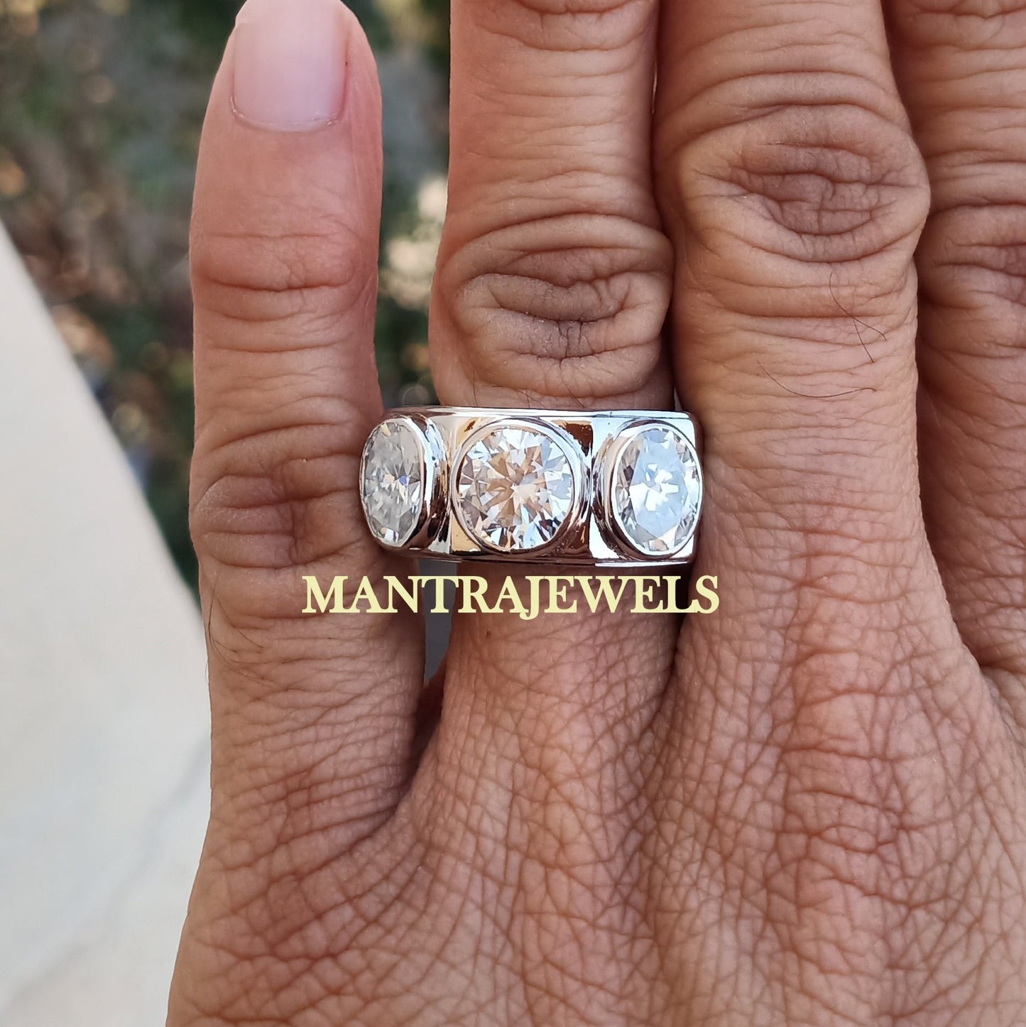 Three Stone Diamond Moissanite Ring for Men - Round & Oval Cut Ring for Wedding - Minimalist Handmade Jewellery for Him