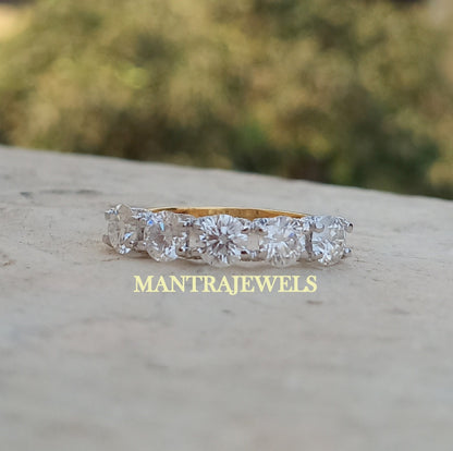 5 Stone Wedding Band, 1.70ct Round Moissanite Engagement Band, Two Tone Solid Gold Ring Band, Anniversary Ring Gift For Her