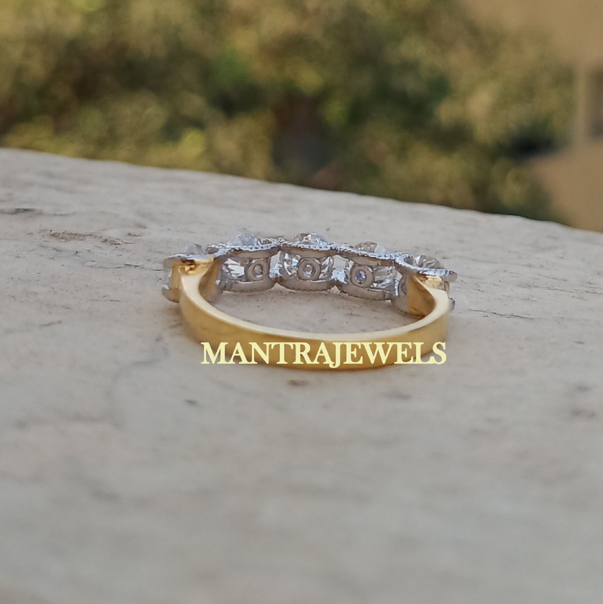 5 Stone Wedding Band, 1.70ct Round Moissanite Engagement Band, Two Tone Solid Gold Ring Band, Anniversary Ring Gift For Her