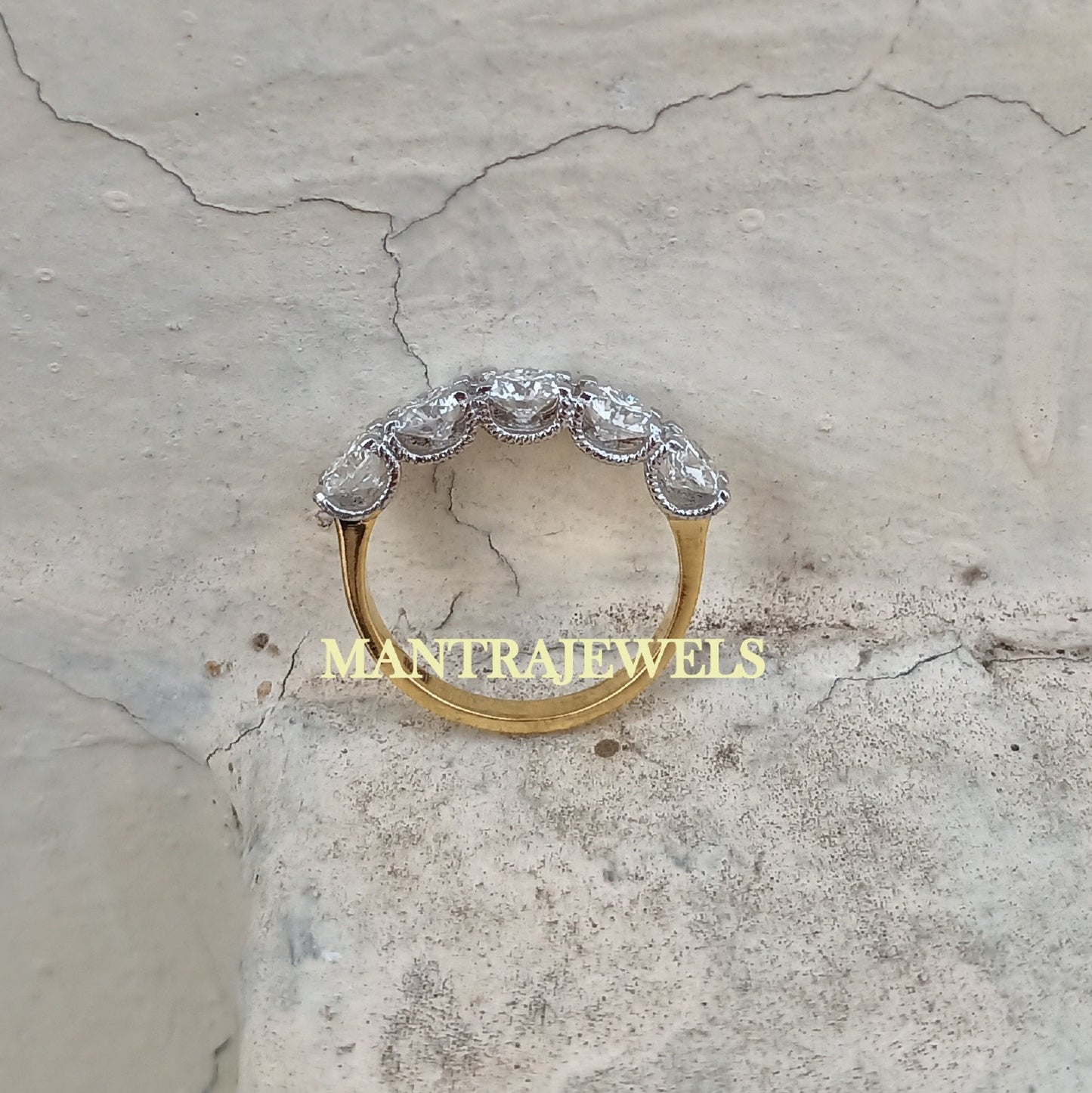 5 Stone Wedding Band, 1.70ct Round Moissanite Engagement Band, Two Tone Solid Gold Ring Band, Anniversary Ring Gift For Her