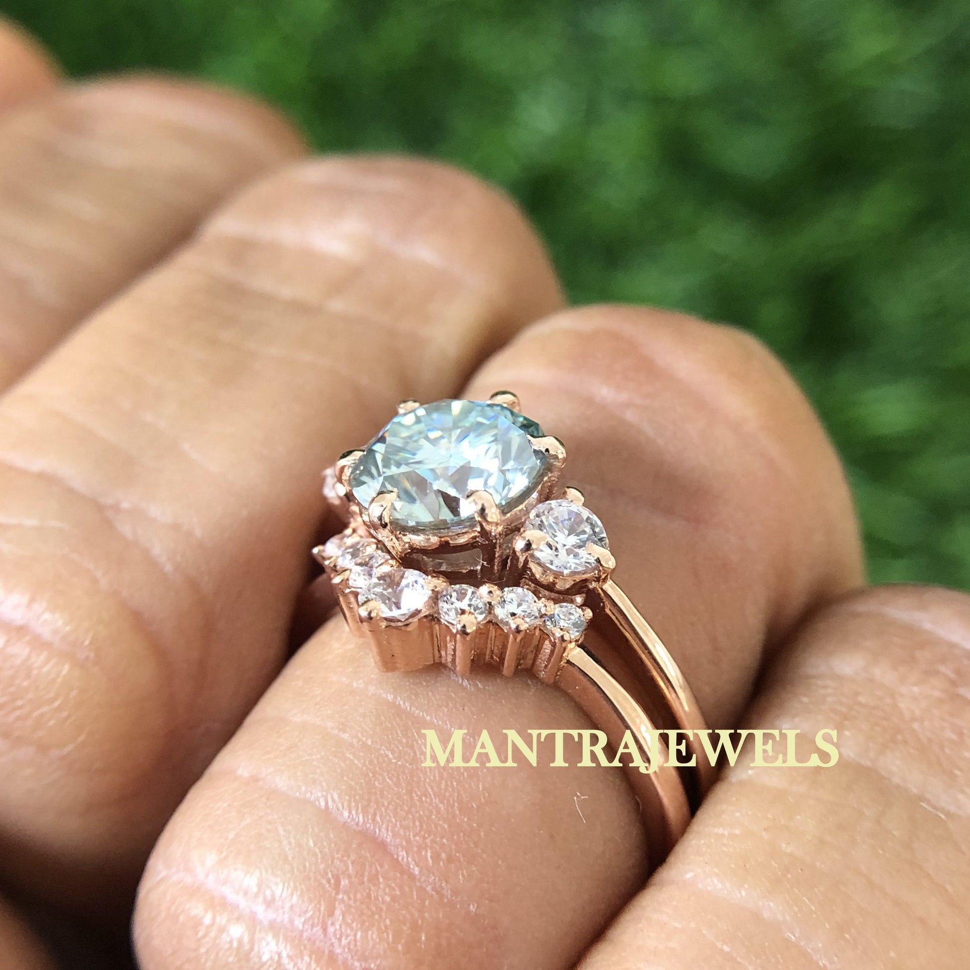 Moissanite Bridal Set / 2.55Ct Vivid Blue Round Cut Moissanite Wedding Ring / Matching Solid Gold Band Ring / Wedding Ring Set for Bride