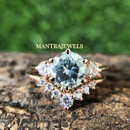 Moissanite Bridal Set / 2.55Ct Vivid Blue Round Cut Moissanite Wedding Ring / Matching Solid Gold Band Ring / Wedding Ring Set for Bride