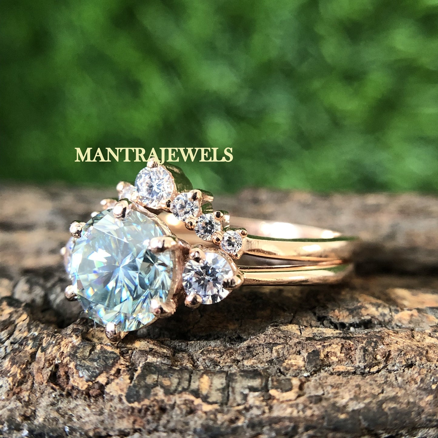 Moissanite Bridal Set / 2.55Ct Vivid Blue Round Cut Moissanite Wedding Ring / Matching Solid Gold Band Ring / Wedding Ring Set for Bride