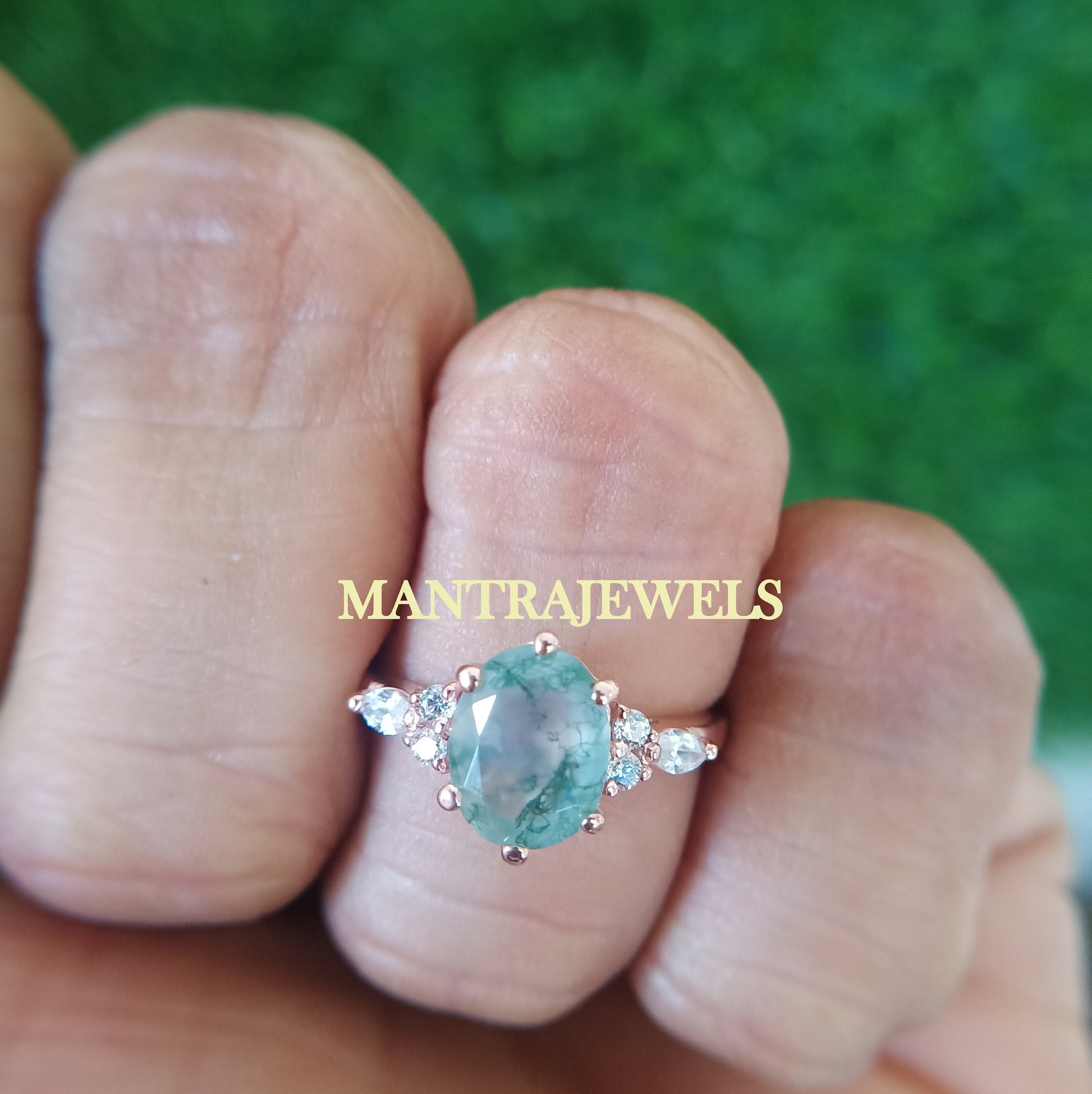 2.30ct Oval Green Moss Agate Engagement Ring Rose Gold Cluster Aquatic Agate Promise Ring Woman Marquise Cut CZ Diamond Wedding Ring