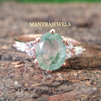 2.30ct Oval Green Moss Agate Engagement Ring Rose Gold Cluster Aquatic Agate Promise Ring Woman Marquise Cut CZ Diamond Wedding Ring