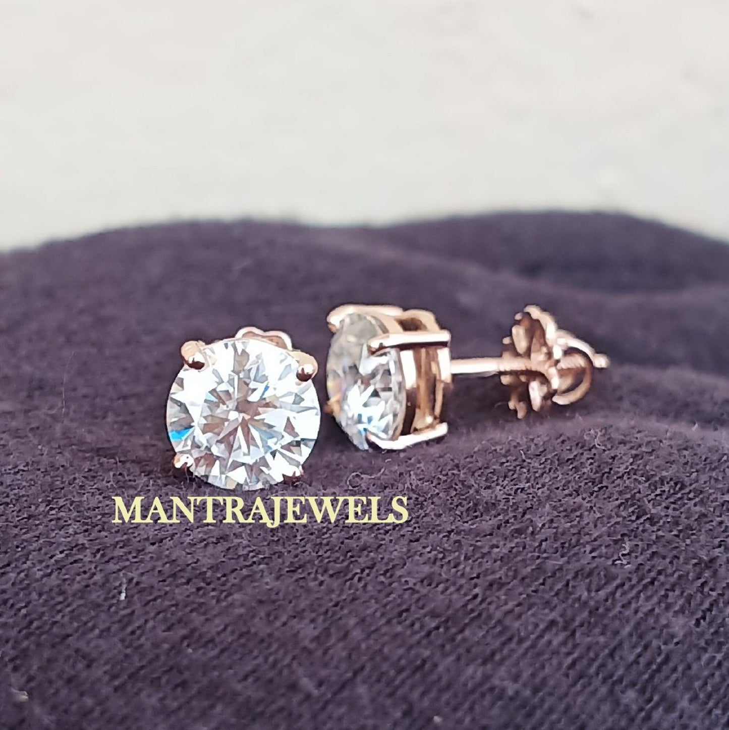 Moissanite Earring / 3.20Ct Round Cut Moissanite Engagement Earring / Stud Moissanite Earrings / Earlobe Screw Back Basket Rose Gold Earring