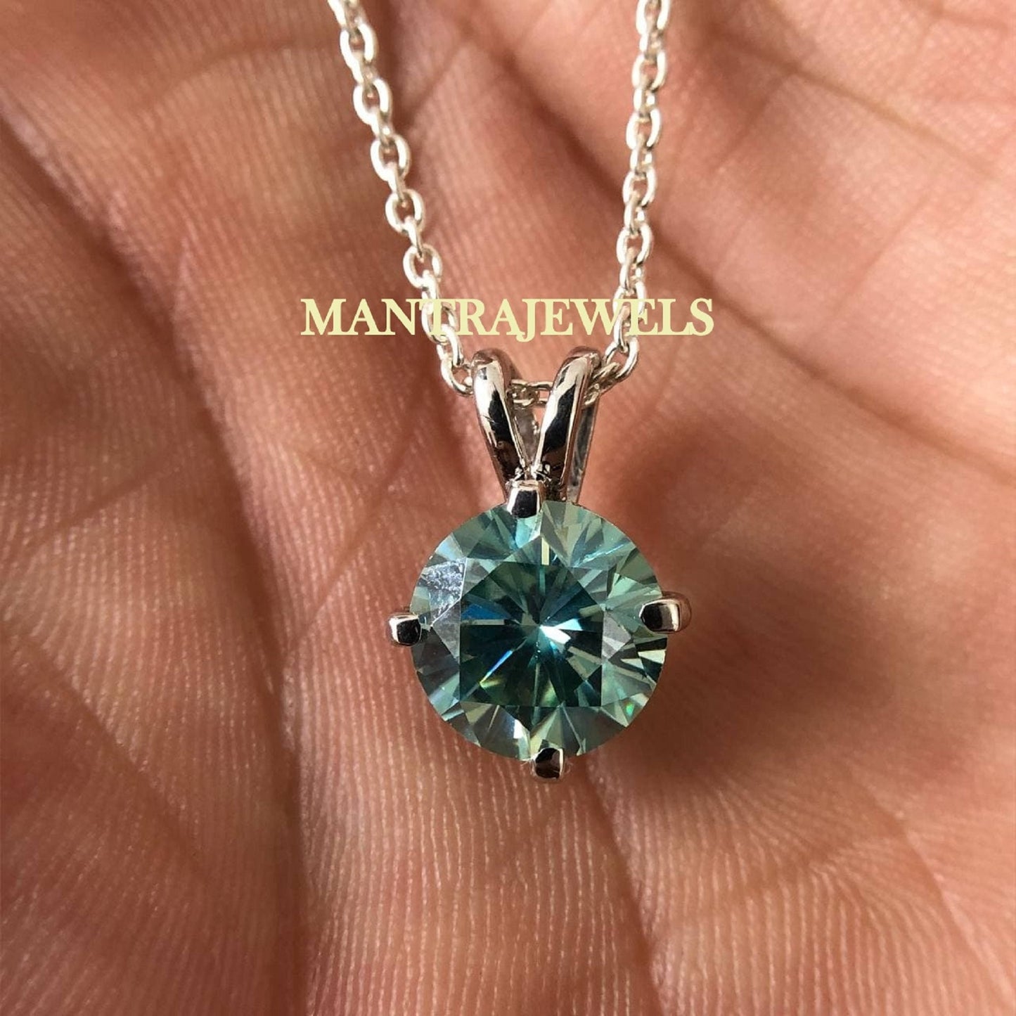 Moissanite Pendant / 4.00Ct Fancy Blue Round Moissanite Pendant / Moissanite Engagement Pendant / Classic 4 Prongs Solid Gold Pendant