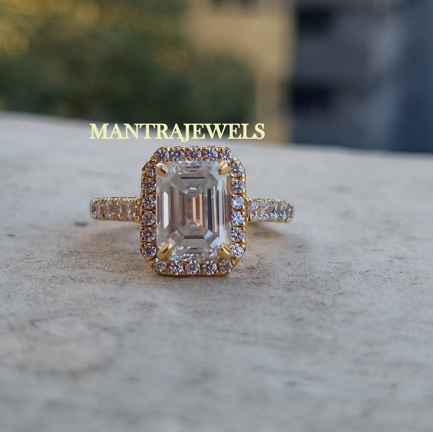 Halo Style Moissanite Ring, 3.30Ct Emerald Cut Moissanite Engagement Ring, Solid 14k Yellow Gold Rings, Emerald Step Cut Diamond Womens Ring