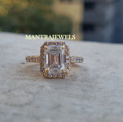 Halo Style Moissanite Ring, 3.30Ct Emerald Cut Moissanite Engagement Ring, Solid 14k Yellow Gold Rings, Emerald Step Cut Diamond Womens Ring