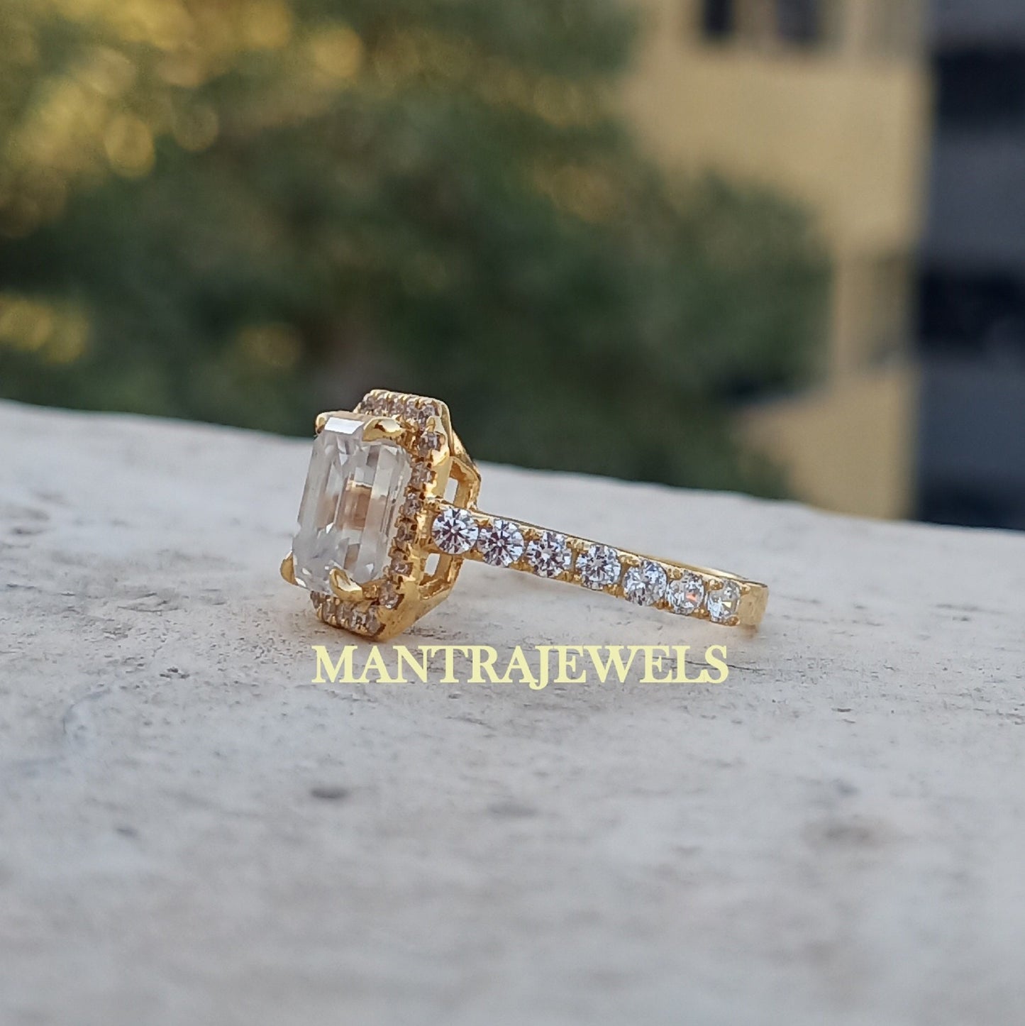 Halo Style Moissanite Ring, 3.30Ct Emerald Cut Moissanite Engagement Ring, Solid 14k Yellow Gold Rings, Emerald Step Cut Diamond Womens Ring