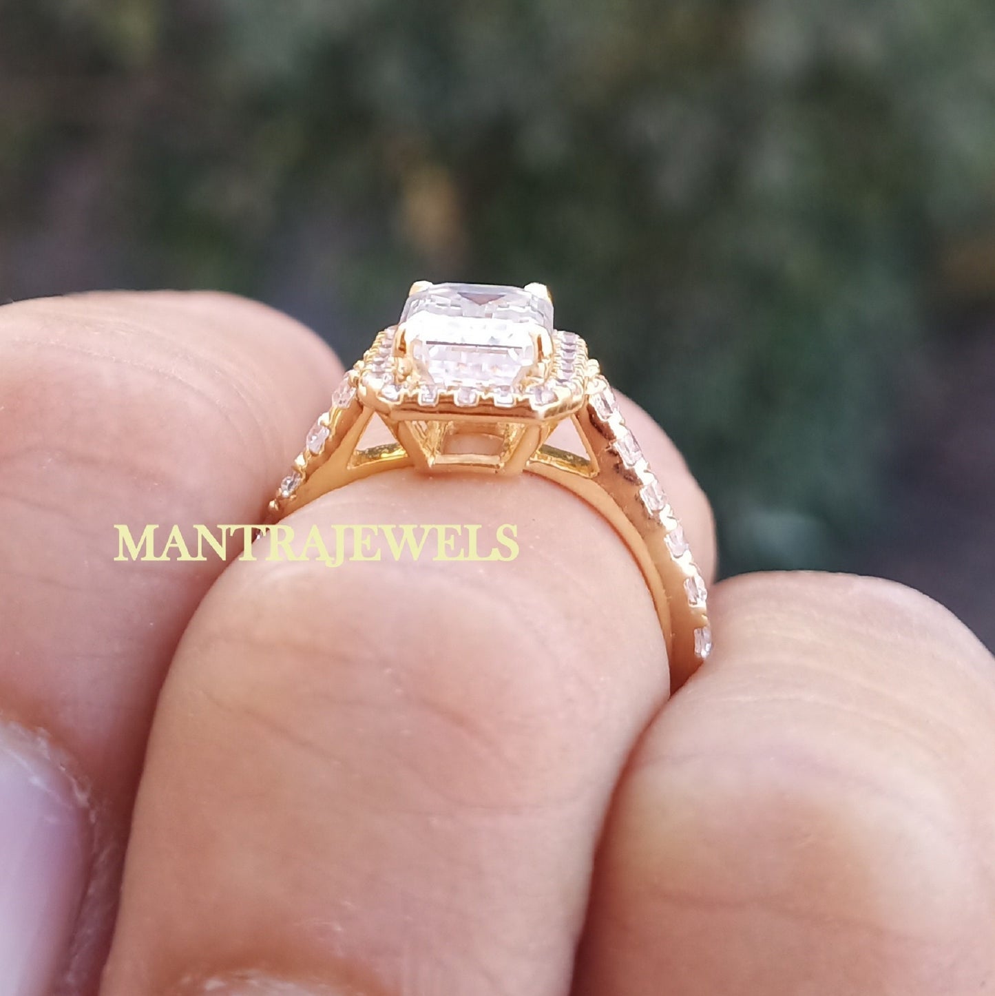 Halo Style Moissanite Ring, 3.30Ct Emerald Cut Moissanite Engagement Ring, Solid 14k Yellow Gold Rings, Emerald Step Cut Diamond Womens Ring