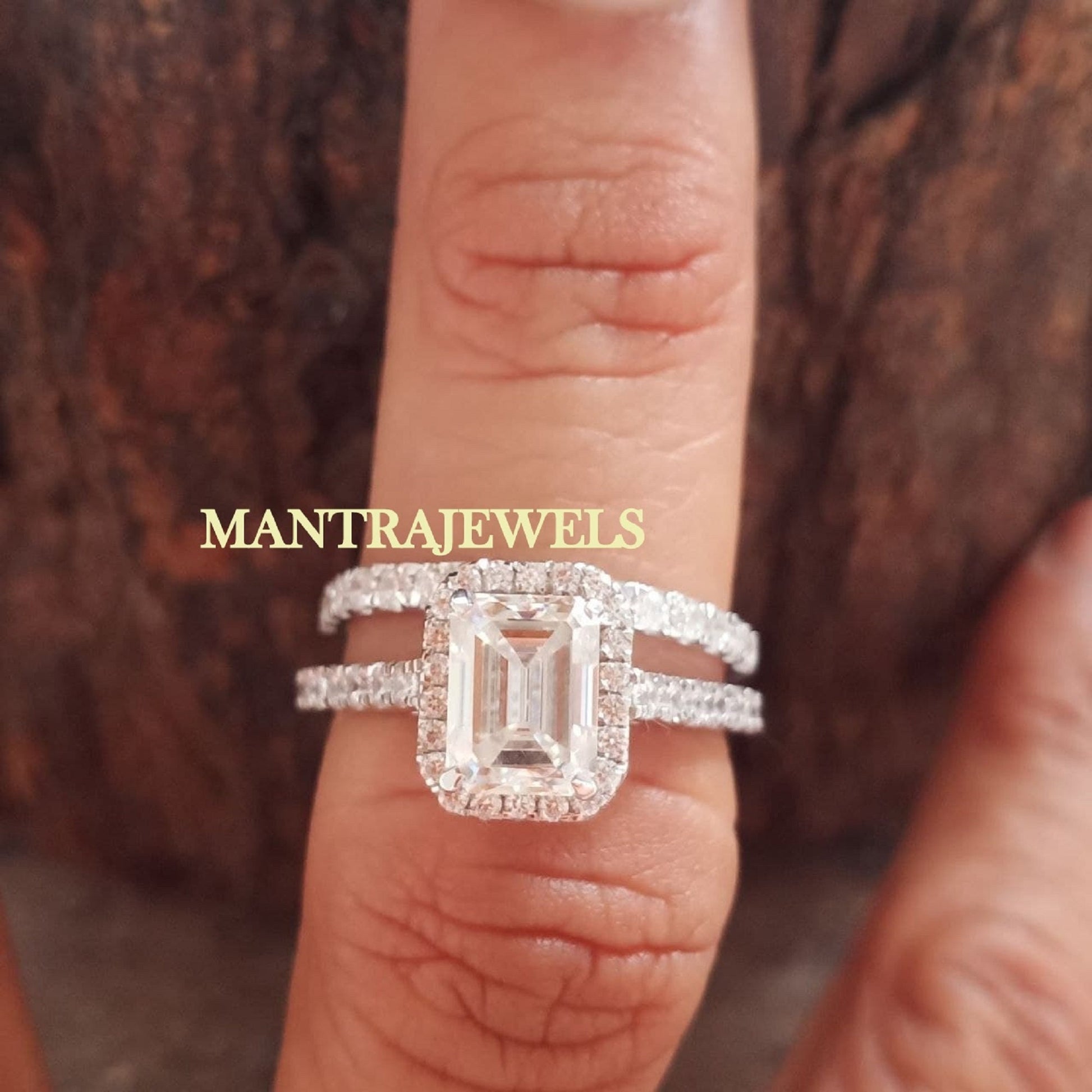 3.25 TCW Emerald Cut Colorless Moissanite Engagement Ring, Round Cut Half Eternity Band,Halo Engagement Ring Set, Wedding Bridal Set for Her