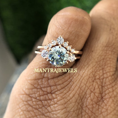 Moissanite Bridal Set / 2.55Ct Vivid Blue Round Cut Moissanite Wedding Ring / Matching Solid Gold Band Ring / Wedding Ring Set for Bride