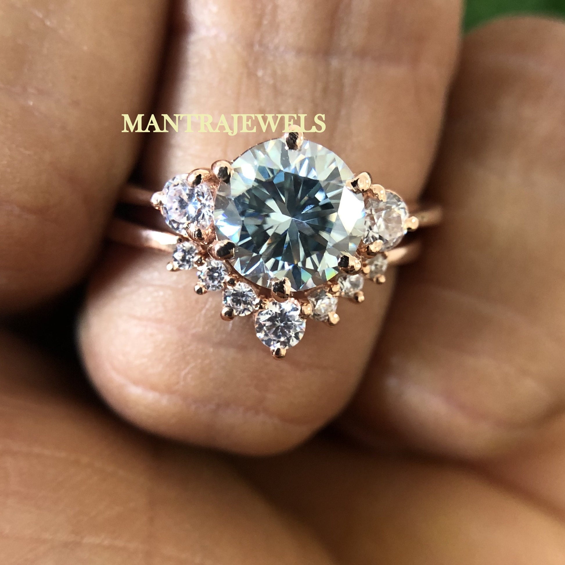 Moissanite Bridal Set / 2.55Ct Vivid Blue Round Cut Moissanite Wedding Ring / Matching Solid Gold Band Ring / Wedding Ring Set for Bride