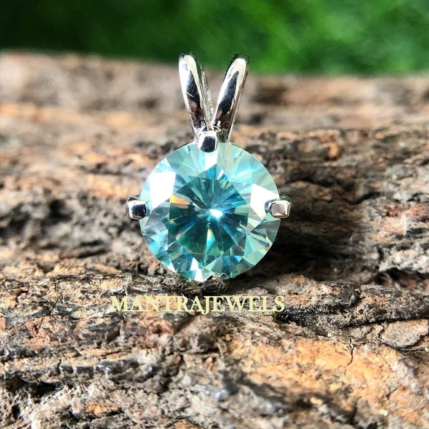 Moissanite Pendant / 4.00Ct Fancy Blue Round Moissanite Pendant / Moissanite Engagement Pendant / Classic 4 Prongs Solid Gold Pendant