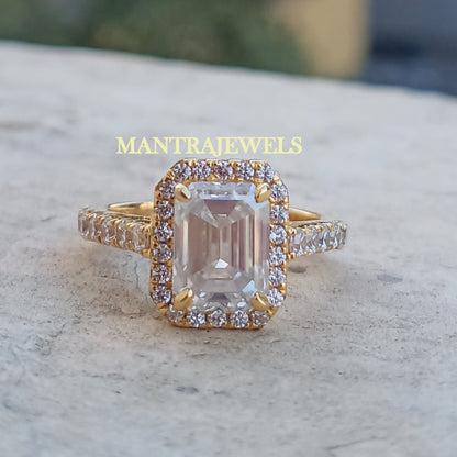 Halo Style Moissanite Ring, 3.30Ct Emerald Cut Moissanite Engagement Ring, Solid 14k Yellow Gold Rings, Emerald Step Cut Diamond Womens Ring