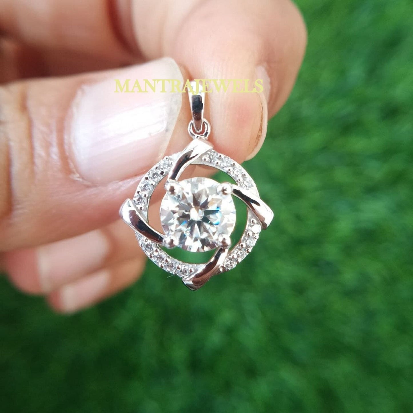 moissanite solitaire pendant, 2.40Ct Round Brilliant Cut Colorless Moissanite Halo Pendant, Wedding Pendant for Bride, White Gold Pendant