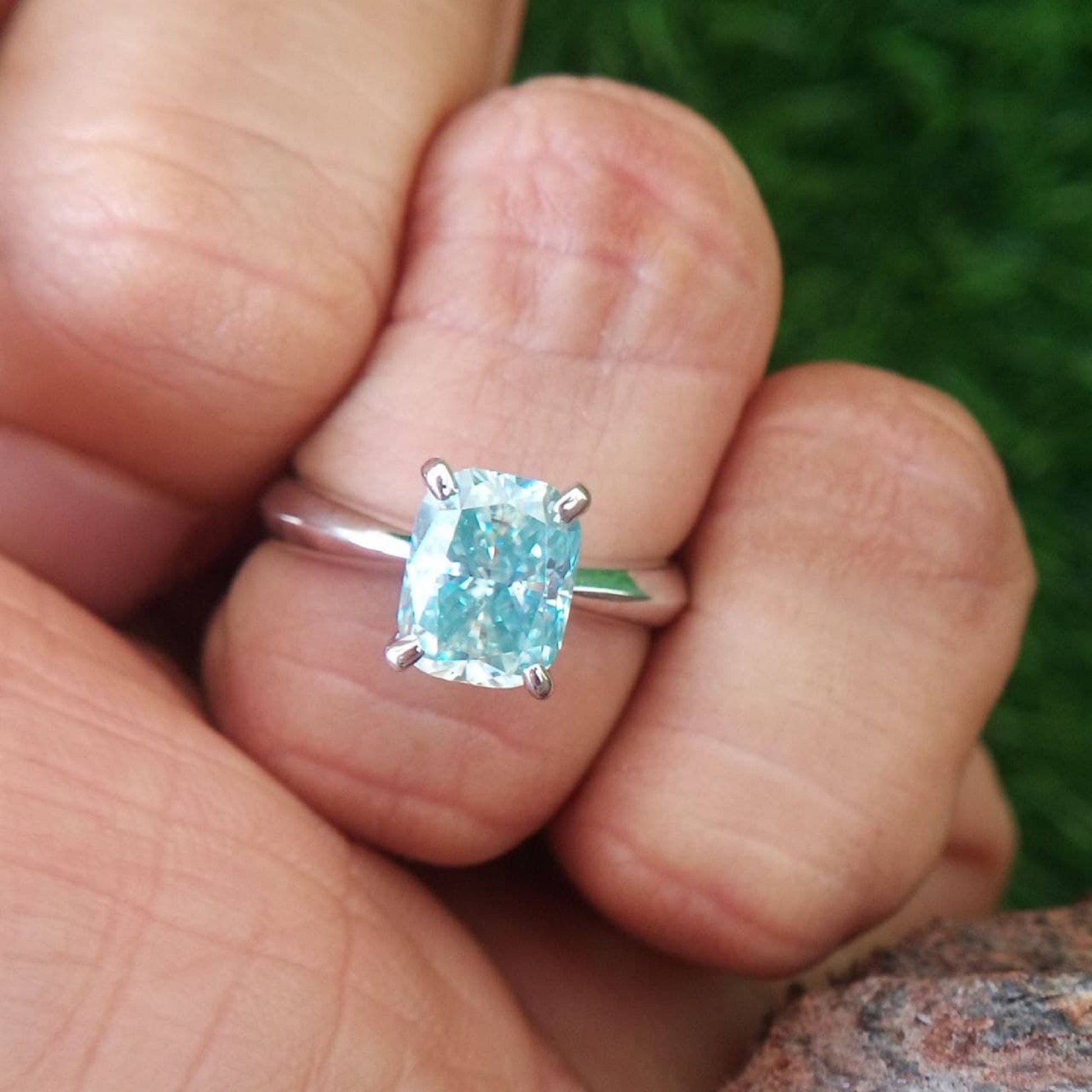 Aqua Blue Cushion Moissanite Engagement Ring | 2.55 TCW Cushion Divine Prong Moissanite Ring | 14K White Gold Ring |Gold Moissanite Jewelery