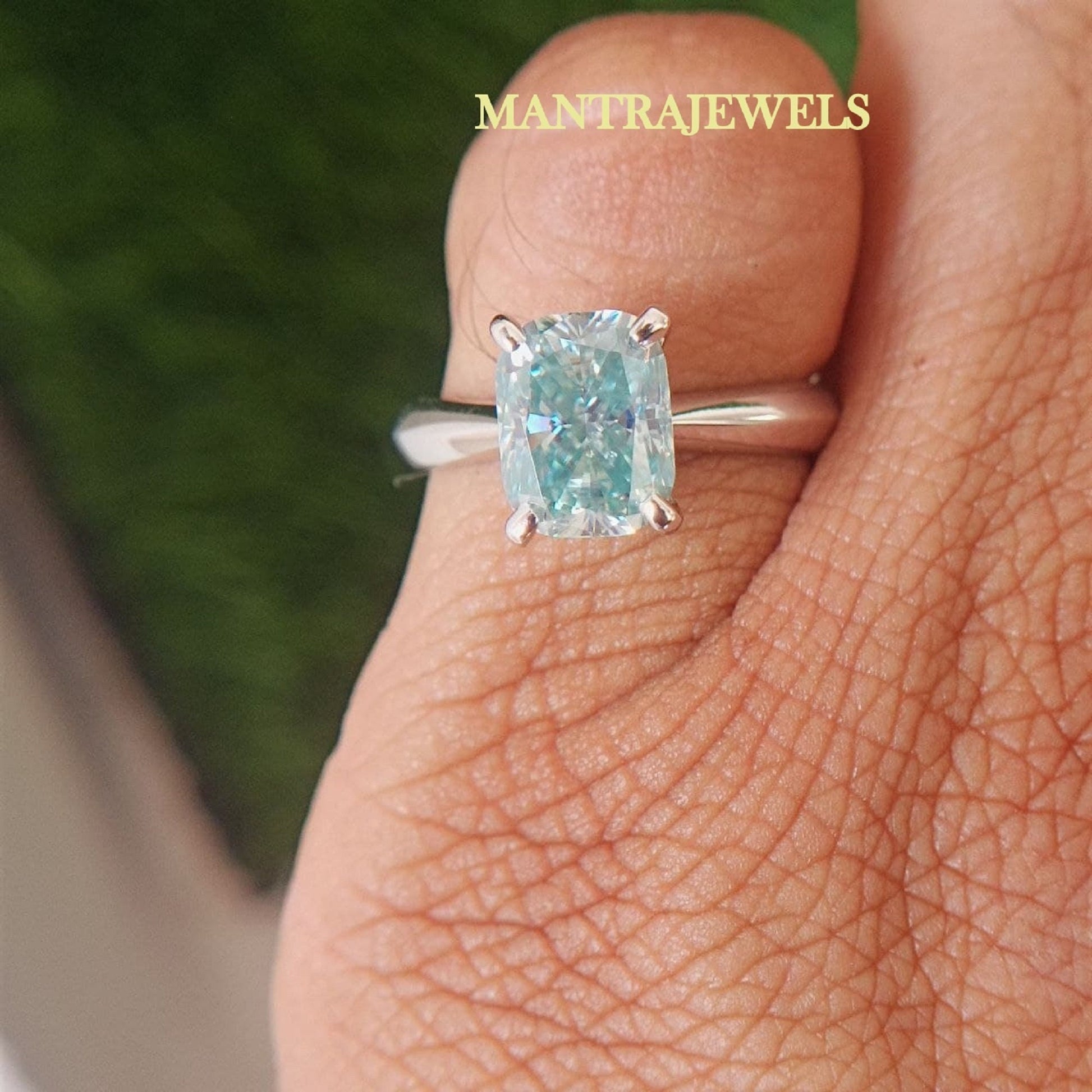 Aqua Blue Cushion Moissanite Engagement Ring | 2.55 TCW Cushion Divine Prong Moissanite Ring | 14K White Gold Ring |Gold Moissanite Jewelery