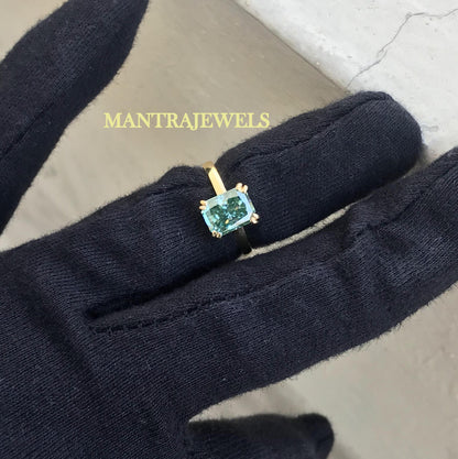 2.61 CT Blue Green Radiant Ring | Radiant Moissanite Ring | Solitaire Engagement Ring | Yellow Gold Ring | Wedding Ring | Anniversary Gifts