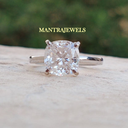 Ice Crushed Cushion Cut Engagement Ring, Solitaire 14K Solid White Gold Ring, Cathedral Setting Moissanite Ring, Simple Dainty Ring.