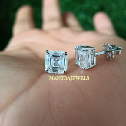 Asscher Cut Solitaire Stud Earrings, Bridal Earrings, Bridesmaids Earrings, Moissanite Wedding Earrings, Push Back Moissanite Studs Earring