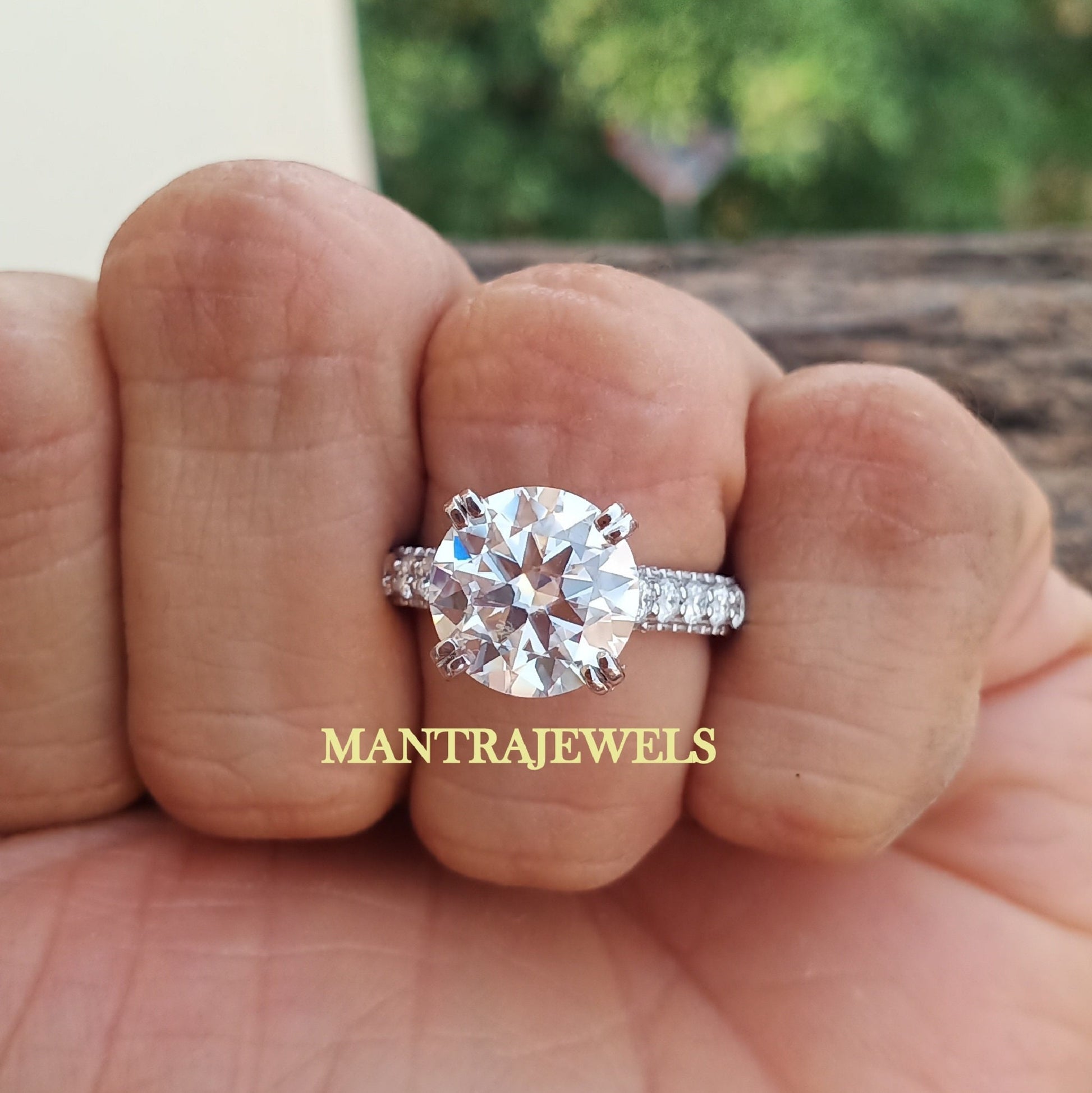 6.68CT Round Cut Moissanite Engagement Ring, Solitaire Accent Moissanite Wedding Ring, 10k Solid White Gold Anniversary Gift For Her