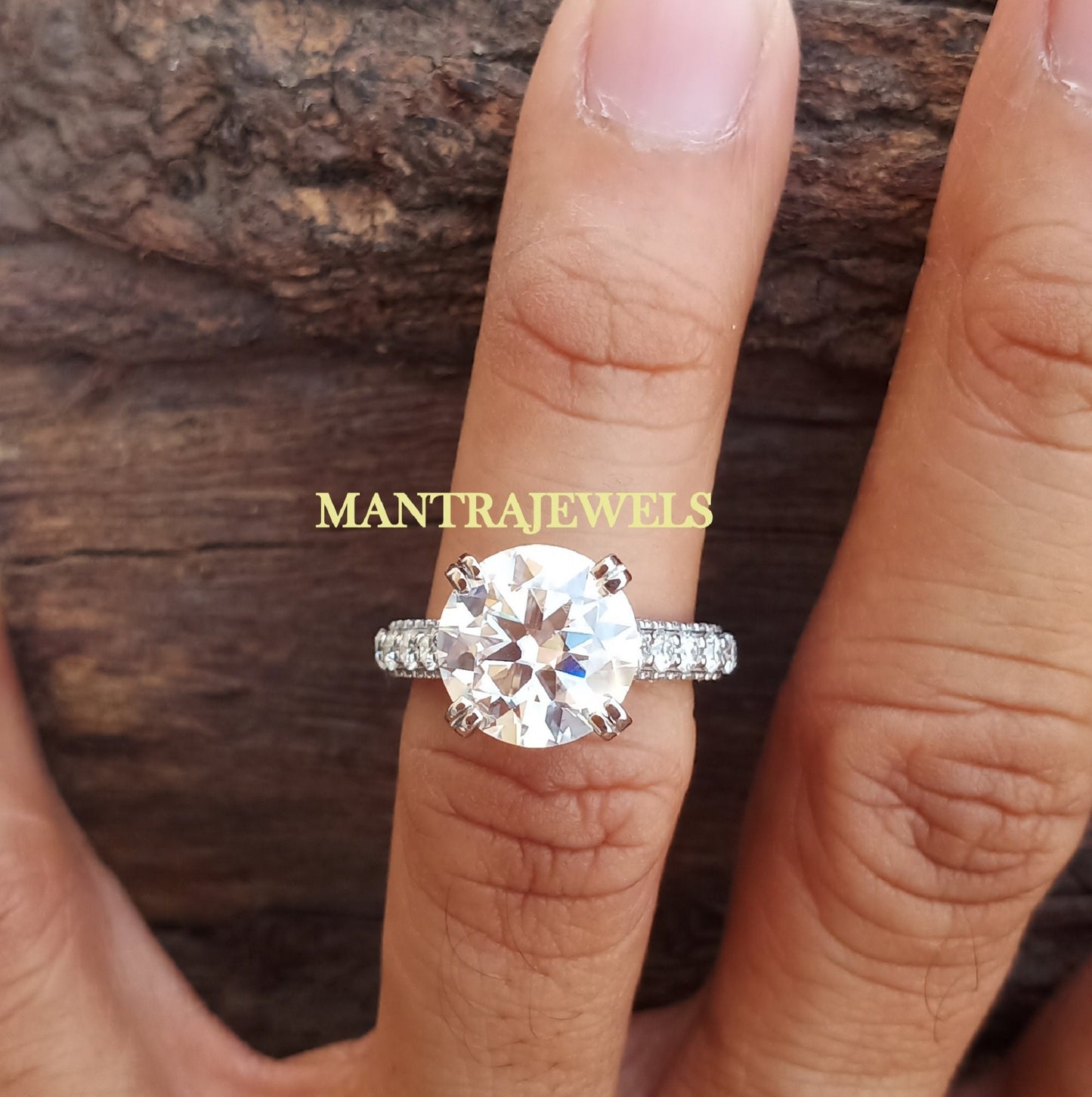 6.68CT Round Cut Moissanite Engagement Ring, Solitaire Accent Moissanite Wedding Ring, 10k Solid White Gold Anniversary Gift For Her